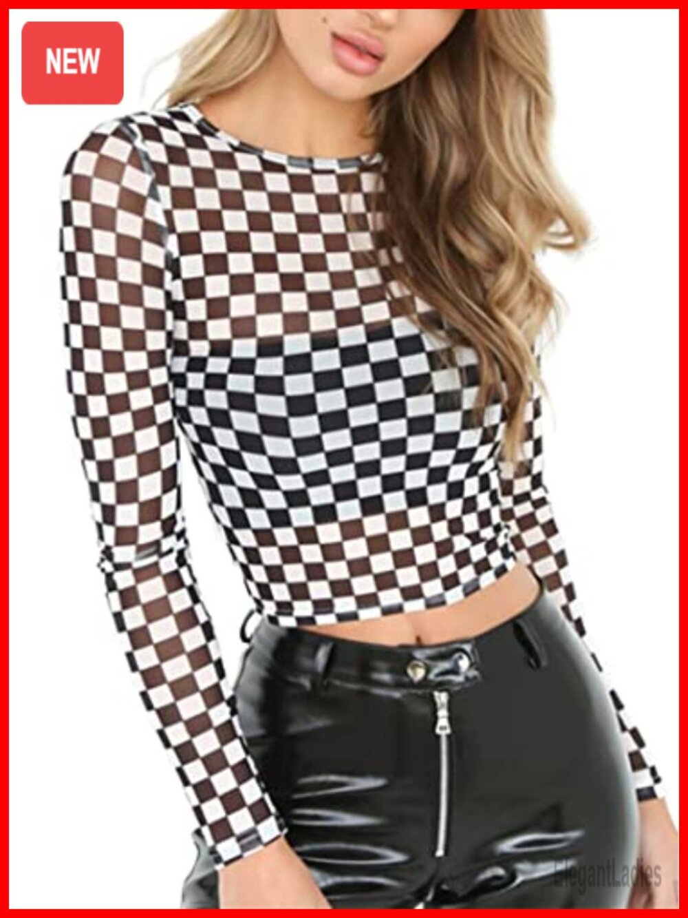 Women's Long Sleeve Checkered Print Sheer Mesh Crop Top Tee
